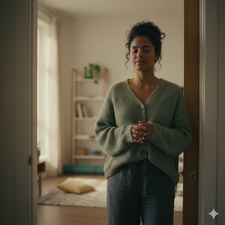 Close-up of hands resting gently on a steering wheel during a commute, representing a mental reset.