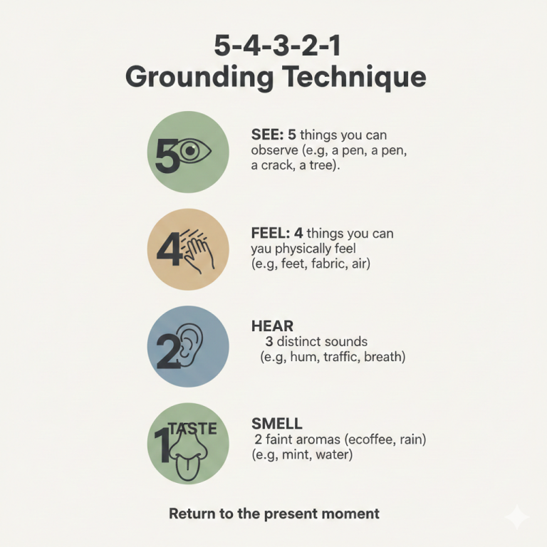 5-4-3-2-1 Grounding Technique chart for stress relief and mindfulness